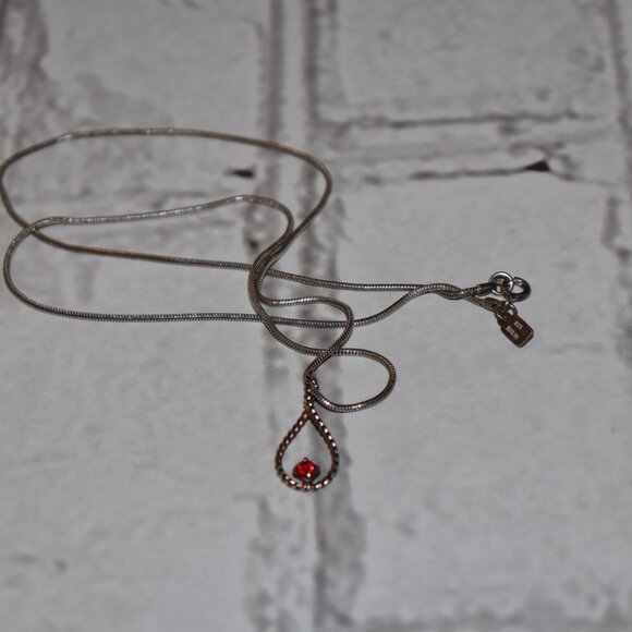 🔴 Silver Necklace with Red Rhinestone Teardrop Pendant – 19"  ✨ - Picture 2 of 5